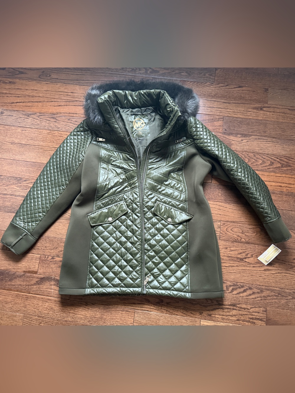 Michael Kors XXL Quilted Olive Green Women's Coat with Faux Fur Trim